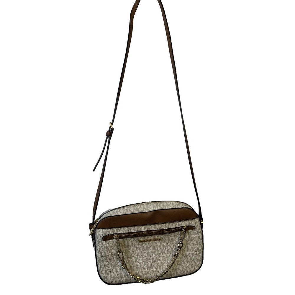 Michael Kors Jet Set Large Logo Crossbody Bag Vanilla Zip Chain Strap